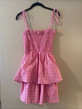 Pink Gingham Tiered Smocked Sundress